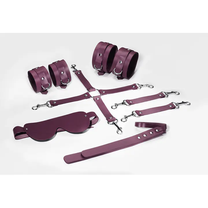 Набір Feral Feelings BDSM Kit 5 Burgundy, наручники, поножі, хрестовина, маска, падл - Master