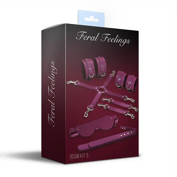 Набір Feral Feelings BDSM Kit 5 Burgundy, наручники, поножі, хрестовина, маска, падл - Master