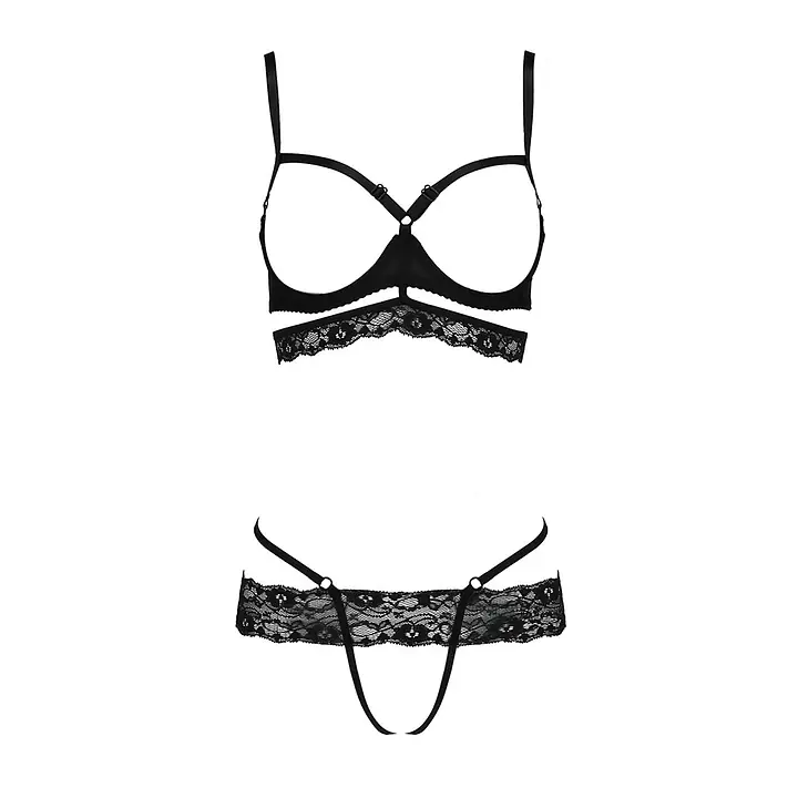 Комплект білизни Passion Exclusive SARIA SET OpenBra S/M, black, стрепи, відкритий ліф, стрінги - Master