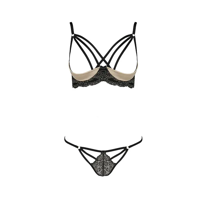 Комплект білизни Passion Exclusive VALERY SET OpenBra L/XL, black, стрепи, трусики, відкритий ліф - Master
