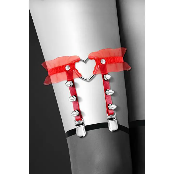 Гартер на ногу Bijoux Pour Toi - WITH HEART AND SPIKES Red, сексуальна підв'язка з сердечком - Master