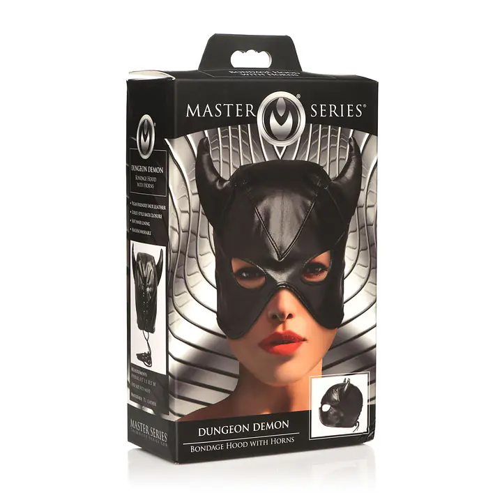 Маска з рогами Master Series: Dungeon Demon Bondage Mask with Horns, чорна - Master