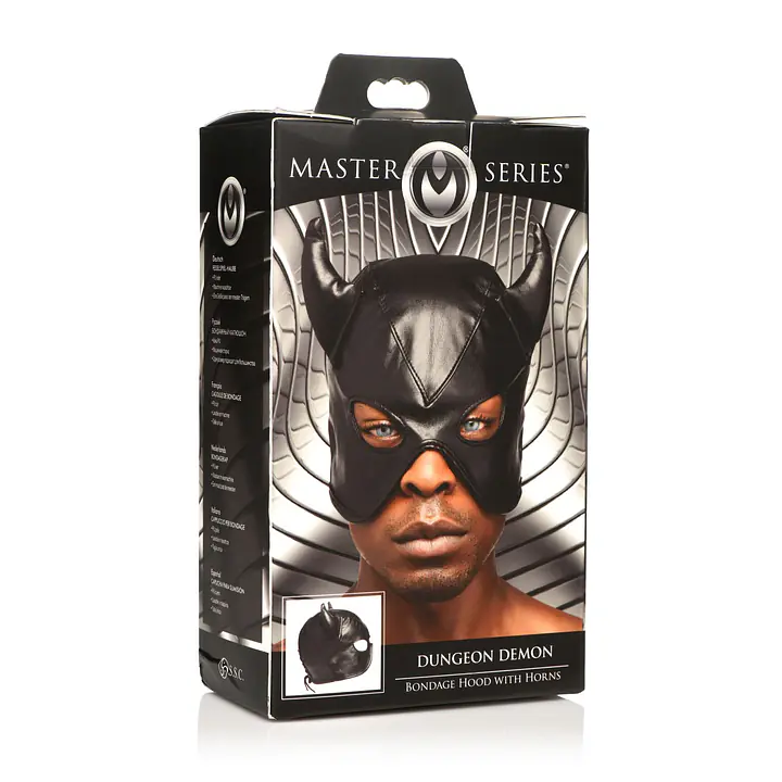 Маска з рогами Master Series: Dungeon Demon Bondage Mask with Horns, чорна - Master