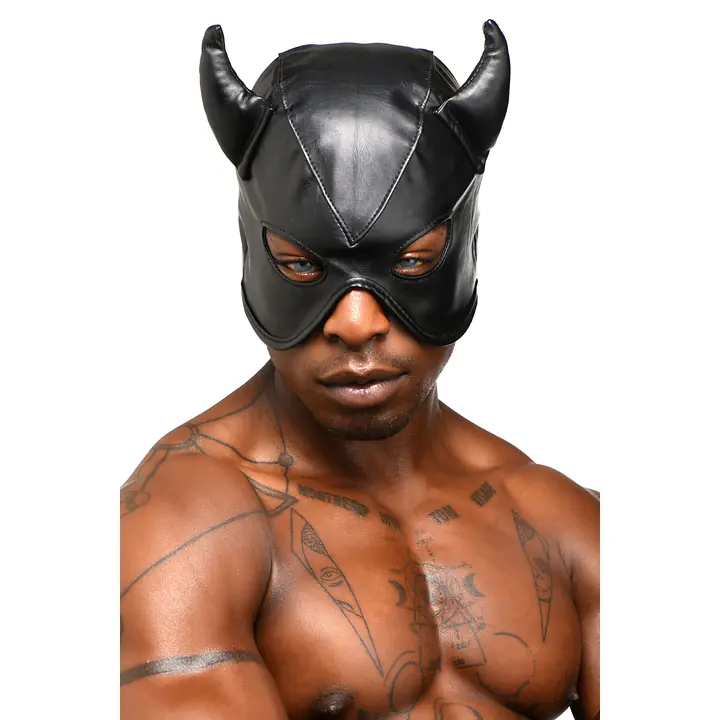 Маска з рогами Master Series: Dungeon Demon Bondage Mask with Horns, чорна - Master
