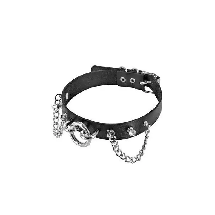 Нашийник ланцюжками, шипами і кільцем Fetish Tentation Choker Rings and Chains, екошкіра - Master