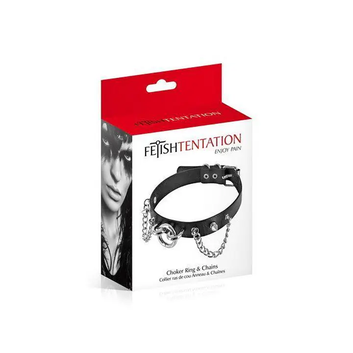 Нашийник ланцюжками, шипами і кільцем Fetish Tentation Choker Rings and Chains, екошкіра - Master