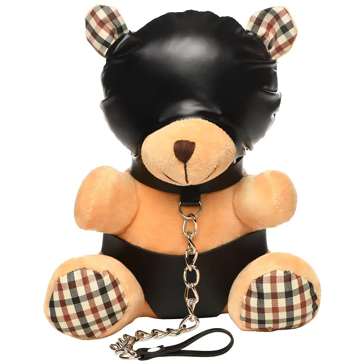 Плюшевий ведмедик HOODED Teddy Bear БДСМ у шкіряному капюшоні з повідцем, 23x16x12 см - Master