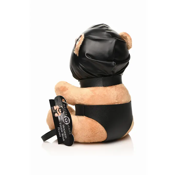 Плюшевий ведмедик HOODED Teddy Bear БДСМ у шкіряному капюшоні з повідцем, 23x16x12 см - Master