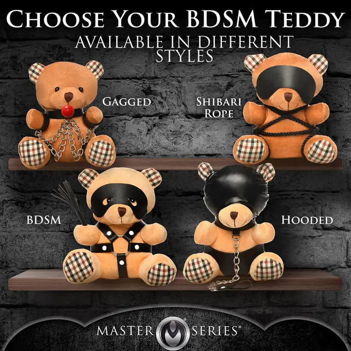 Плюшевий ведмедик HOODED Teddy Bear БДСМ у шкіряному капюшоні з повідцем, 23x16x12 см - Master