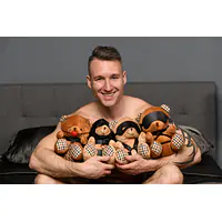 Плюшевий ведмедик HOODED Teddy Bear БДСМ у шкіряному капюшоні з повідцем, 23x16x12 см - Master