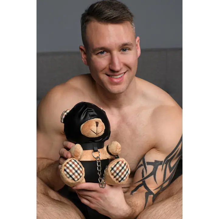 Плюшевий ведмедик HOODED Teddy Bear БДСМ у шкіряному капюшоні з повідцем, 23x16x12 см - Master