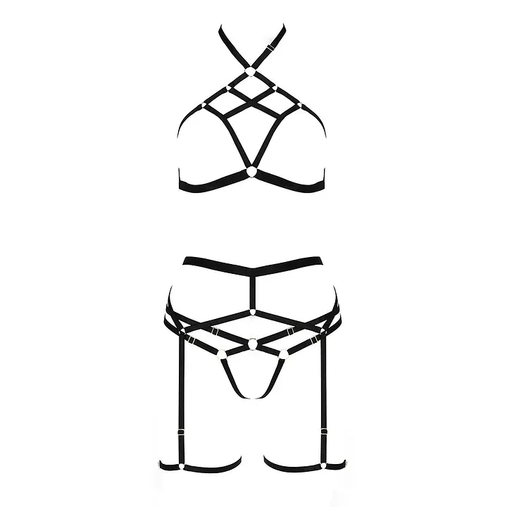 Комплект білизни Passion Exclusive MORGAN SET OpenBra XXL/XXXL, black, стрепи, трусики, ліф, пояс - Master