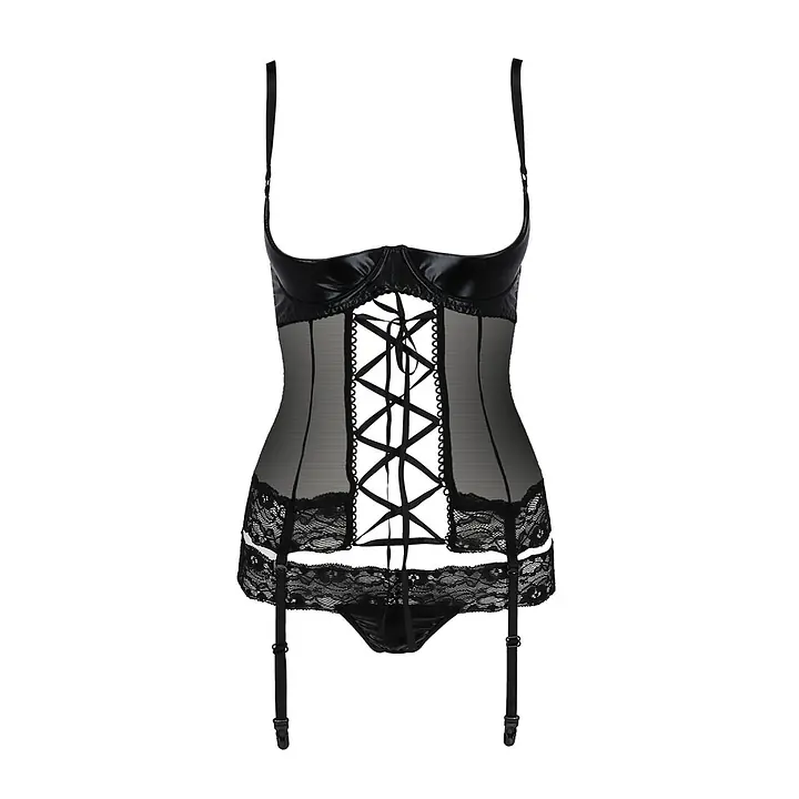 Корсет з відкритими грудьми Passion Exclusive NORTH CORSET L/XL, black, пажі, трусики, шнурівка - Master
