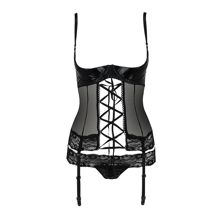 Корсет з відкритими грудьми Passion Exclusive NORTH CORSET S/M, black, пажі, трусики, шнурівка - Master