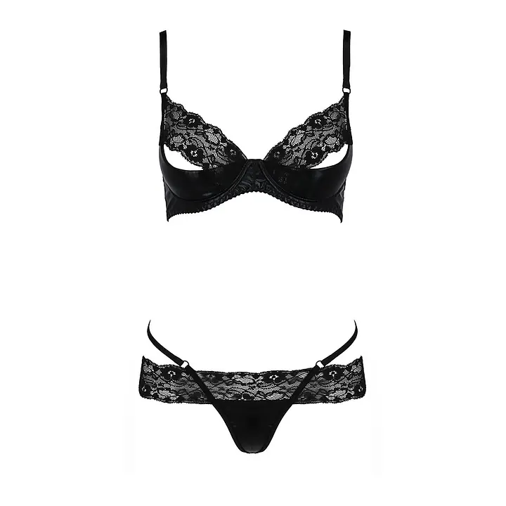Комплект білизни Passion Exclusive NORTH SET L/XL, black, ліф і трусики з елементами під латекс - Master