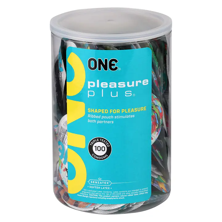Набір презервативів ONE Pleasure Plus, 100 шт, з ребристою ділянкою на кінці, паковання-тубус - Master