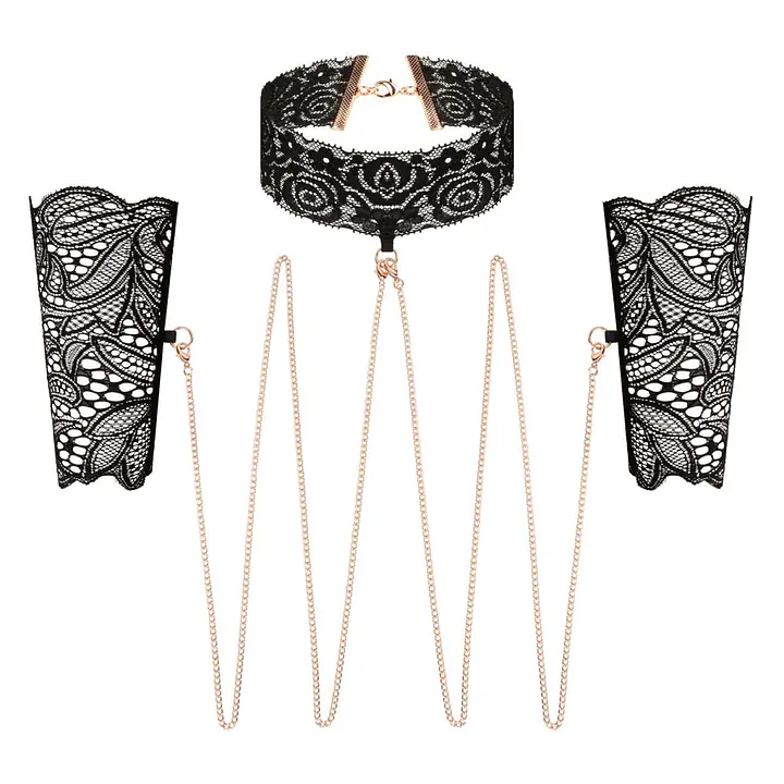 Мереживні наручники та комір Rosy Gold - Lace Cuffs and Collar - Black - Master