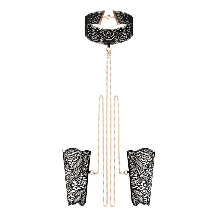 Мереживні наручники та комір Rosy Gold - Lace Cuffs and Collar - Black - Master