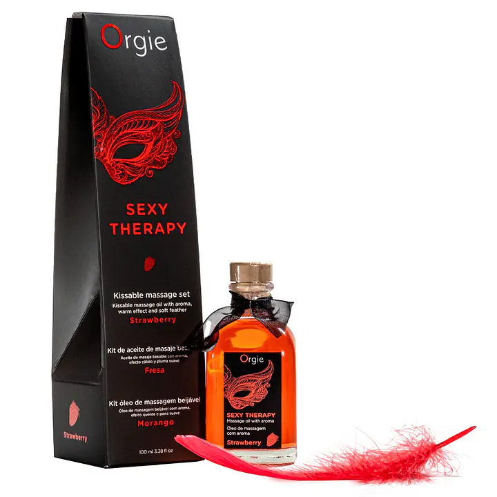 Набір для масажу Orgie – Sexy Therapy Strawberry (100 мл), їстівна розігрівальна олія + пір’їнка - Master