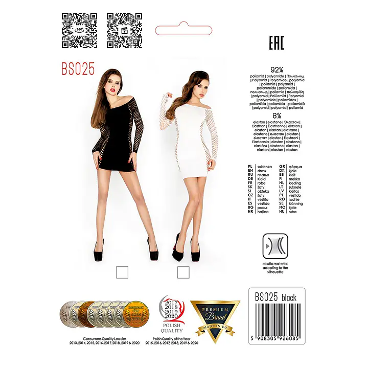 Бодістокінг Passion BS025 black, плаття-сітка, спущене плече, довгий рукав - Master