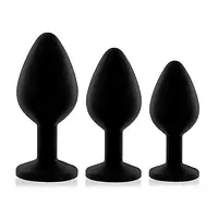 Набір силіконових анальних пробок із кристалом Rianne S: Booty Plug Set Black, діаметр 3,2см, 3,5см, 4,2см - Master