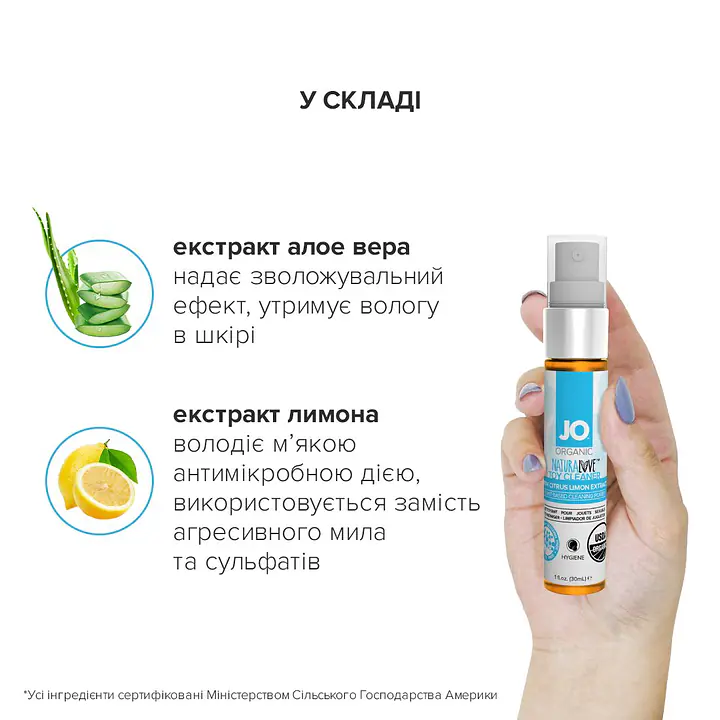 Очищувальний спрей JO NATURALOVE — ORGANIC (30 мл) без сульфатів, триклозану та спирту - Master