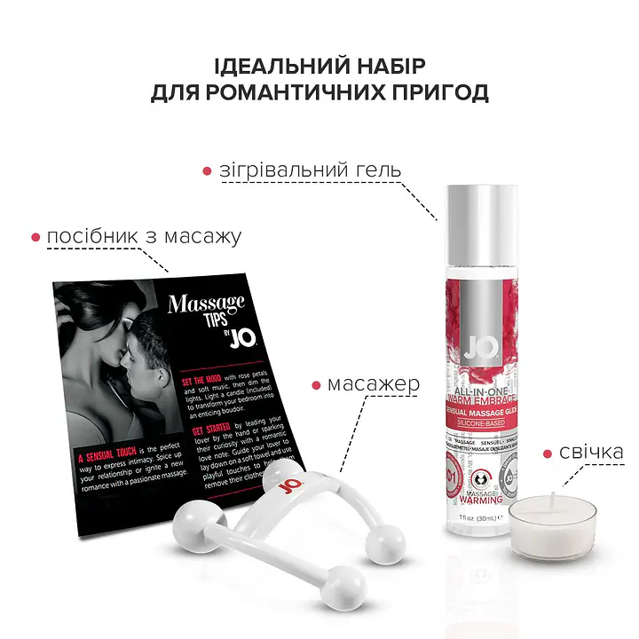 Набір для масажу JO ALL IN ONE MASSAGE GIFT SET: розігрівальний гель, масажер і свічка - Master