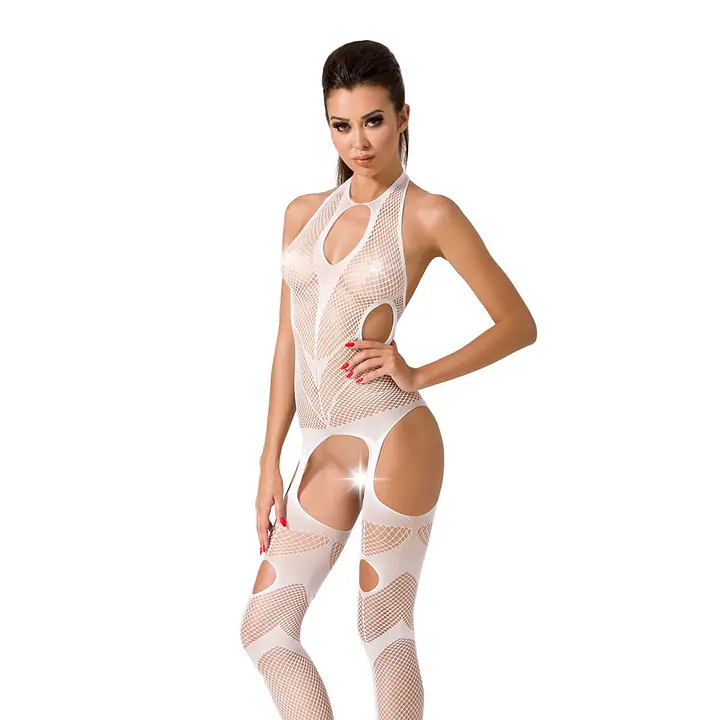 Бодістокінг Passion BS053 white, комбінезон, імітація панчох і пояса - Master
