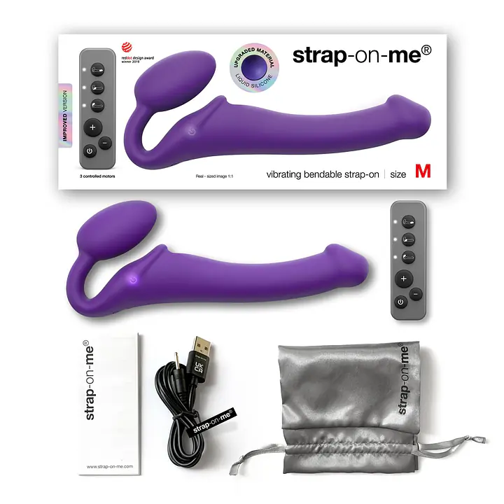 Безремінний страпон з вібрацією Strap-On-Me Vibrating Violet M, діаметр 3,8 см, пульт ДК, регульований - Master