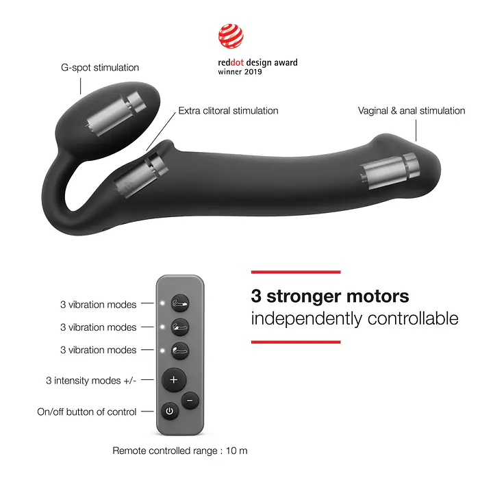 Безремінний страпон з вібрацією Strap-On-Me Vibrating Black L, діаметр 3,7см, пульт ДК, регульований - Master