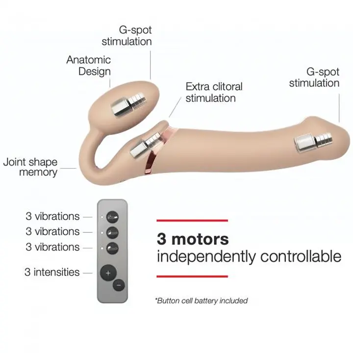 Безремінний страпон з вібрацією Strap-On-Me Vibrating Flesh L, діаметр 3,7 см, пульт ДК, регульовани - Master