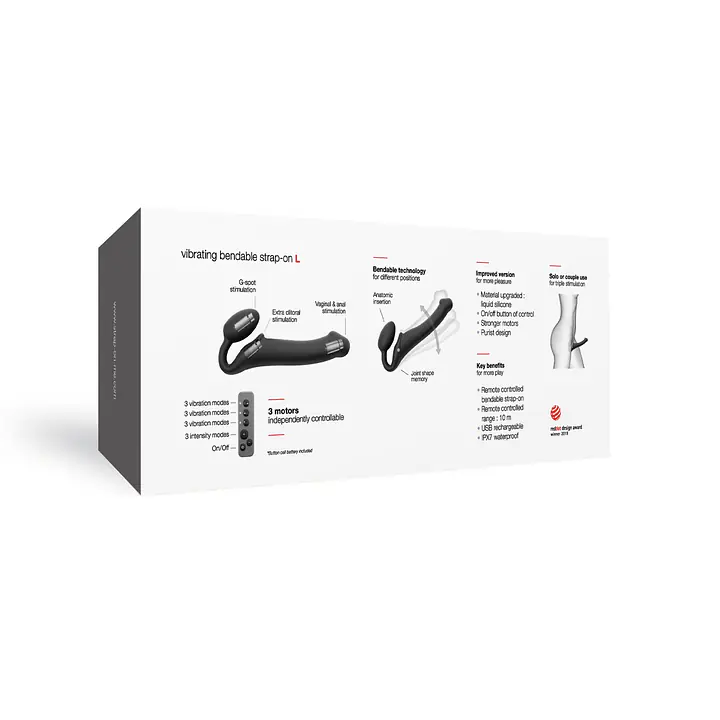 Безремінний страпон з вібрацією Strap-On-Me Vibrating Black L, діаметр 3,7см, пульт ДК, регульований - Master